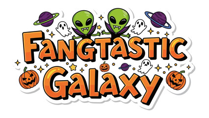 Fangtastic Galaxy Illustration: A vibrant Halloween-themed illustration featuring an alien theme. It captures the whimsical spirit of the spooky season, full of creatures and cosmic elements.