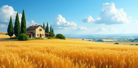 Cypress trees, stone farmhouse, fields of grain under blue sky, building, autumn