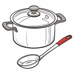 A simple illustration of a cooking pot with a glass lid and a ladle with a red handle on a white background
