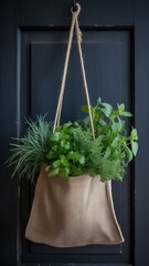 Fresh herbs in a hanging bag on a dark door, ready for cooking