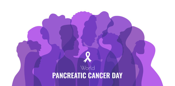 World Pancreatic Cancer Day banner template in violet color. Purple Ribbon and people on white background. Vector illustration with typography for poster banner card