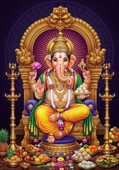 Obraz premium Lord Ganesha seated on ornate throne with offerings and lamps.
