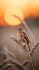 Small bird perched on wheat stalk against a vibrant sunset backdrop
