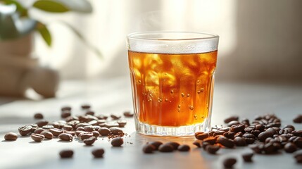 Fototapeta premium Refreshing Iced Coffee: A close-up shot of a chilled beverage, beautifully showcases a refreshing drink in a glass with ice cubes, surrounded by aromatic coffee beans.