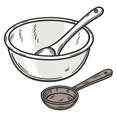 Hand drawn illustration of a mixing bowl with a spoon inside and a separate serving spoon on a white background