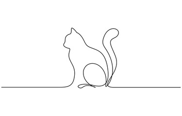 Cat continuous one line drawing. Kitty sitting in simple linear style isolated on transparent background. Editable outline