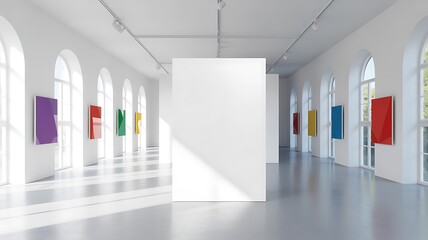 Bright art gallery interior with colorful paintings on the wall