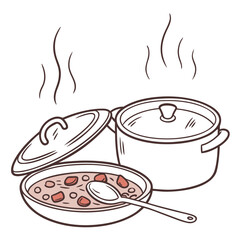 Two steaming pots of delicious food with one pot open revealing a spoon and hearty stew inside
