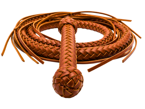 Coiled brown bullwhip with a braided leather handle and knot on a transparent background