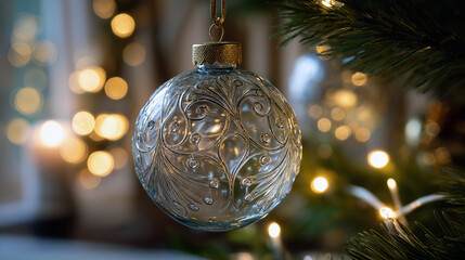 A beautifully crafted glass Christmas ornament, intricately designed with delicate patterns, hanging from a pine branch. The ornament reflects the warm glow of nearby fairy lights, creating a magical 
