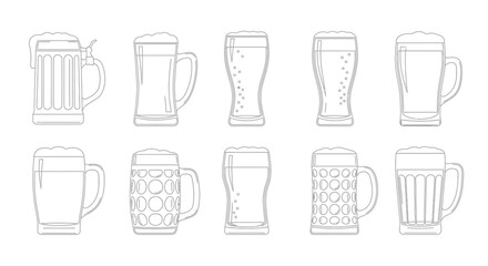 Collection of hand drawn sketch style beer mug icons and glasses for beverage and alcohol concepts vector
