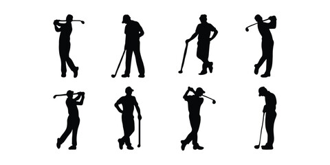 Man Golfer Vector Silhouettes. Golf Sport Pose Design. Male Golf Silhouette Pack Golf Clubs