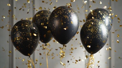 black balloons with falling gold confetti,