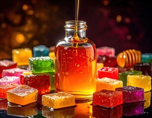 Honey dripping into a jar surrounded by colorful cubes