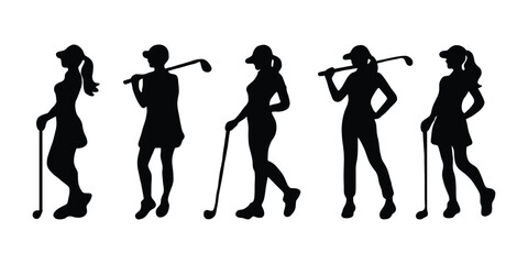 Female Golfer Silhouette Vector Set. Women Playing Golf Poses. Women Golf Player Silhouette Collection Sport Vector Illustration