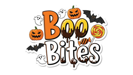 Spooky Boo Bites: A vibrant assortment of Halloween-themed treats, including carved pumpkins, bats, ghosts, and candies, creates a fun, festive ambiance for Halloween enjoyment.