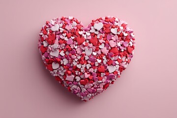 Big red heart made of small hearts on a trendy pink background, ideal for Valentine's Day cards and decorations.