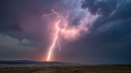 Majestic lightning strikes down from a dramatic stormy sky illuminating a vast landscape at dusk with hues of purple and dark clouds forming a breathtaking scene