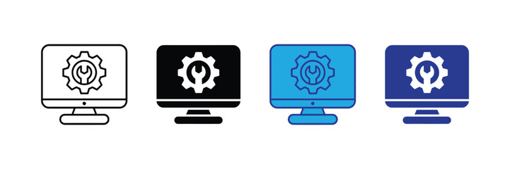 Computer monitor with gear and wrench icon, representing computer repair, technical support, and it services, isolated on transparent background