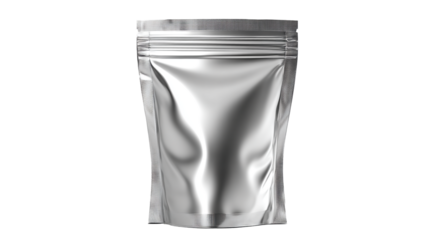 A metallic silver foil stand-up pouch bag with a zipper lock, isolated on a white background, ideal for packaging food, supplements, and various products with branding mockup