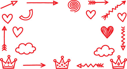Doodle design elements including hearts arrows and crowns
