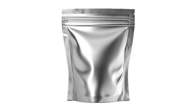 A metallic silver foil stand-up pouch bag with a zipper lock, isolated on a white background, ideal for packaging food, supplements, and various products with branding mockup