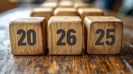 2026, 2025 and Other Wooden Cubes : wooden blocks with a sequence of numbers arranged in a row, perhaps signifying the passage of time, an indication of dates, and future forecasts.