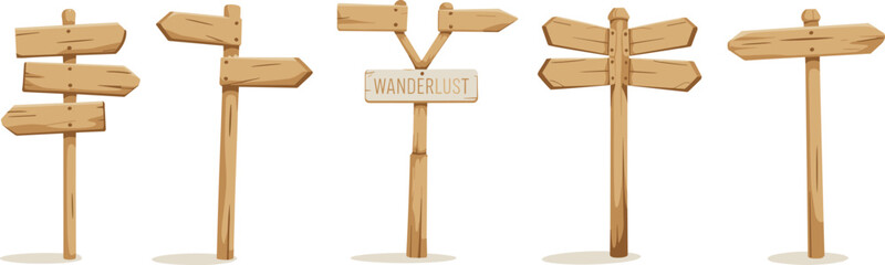 Wooden direction signposts collection with blank arrows, rustic travel navigation boards, vintage road signs, adventure concept, wanderlust exploration background illustration