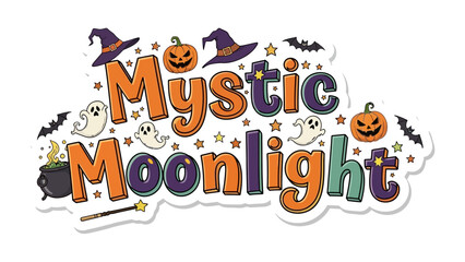 Mystic Moonlight: An enchanting Halloween-themed illustration featuring a stylized design with pumpkins, witch hats, ghosts, stars, and bats. A perfect visual to bring magic to the spooky season