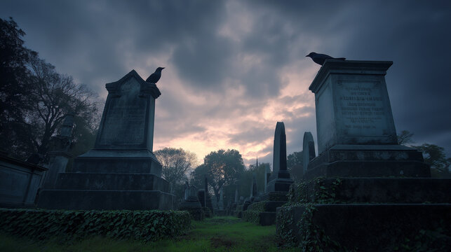 Old cemetery at twilight, weathered tombstones, creeping ivy, ground fog, ravens perched on monuments, dramatic sky with storm clouds, gothic atmosphere, documentary photography style