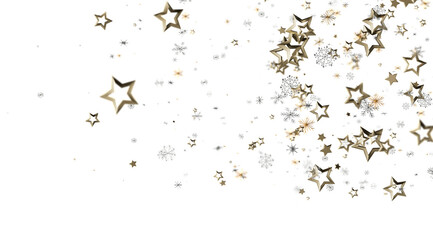 Elegant gold stars and snowflakes falling on white. Perfect for Christmas, New Year, and winter holidays.