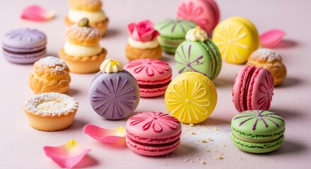 Elegant assortment of colorful macarons and miniature pastries arranged on a soft pink background with petals, concept for pastry shop branding, bakery menu design and dessert catering service
