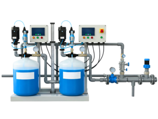 Industrial chemical dosing system for water treatment plants on a transparent background