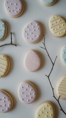 Delicious easter egg cookies with icing and sprinkles on white table