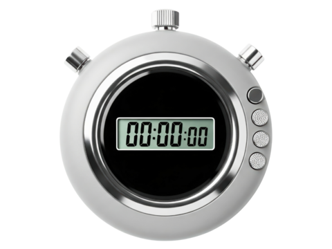 Modern digital stopwatch with a chrome case and LCD display on a transparent background