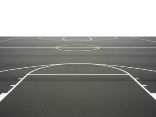 Empty outdoor basketball court with white lines on black asphalt on a transparent background