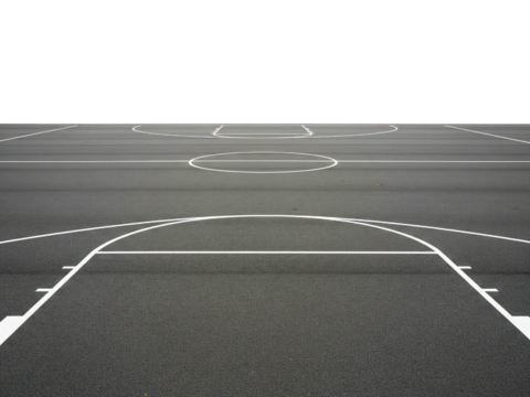 Empty outdoor basketball court with white lines on black asphalt on a transparent background