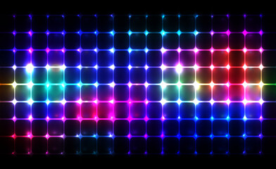 Vector neon LED light wall. Disco grid made by rounded squares and vivid neon colored glows.