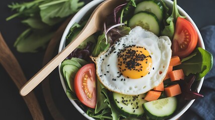 Close up of salad with egg, tomato and cucumber in bowl