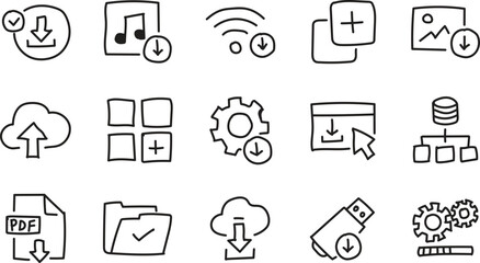 Data Download and Upload Icons Set – Cloud Storage, File Management, System Settings, and Network Line Art