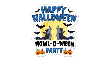 Halloween Howl-o-ween Party: Two howling wolves and bats and pumpkins form a joyful halloween scene that combines festive fun and the spirit of autumn.