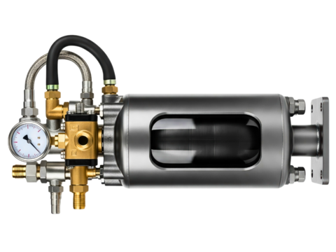 Hydraulic bladder accumulator with pressure gauge and valves on a transparent background