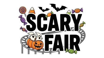 Scary Fair Illustration: A festive illustration for a Halloween fair, featuring spooky elements like ghosts, a carved pumpkin, bats, and candy.