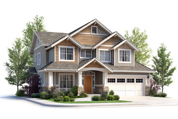 Classic North American Craftsman Style Home with Garage and Landscaping, isolated on a transparent background.