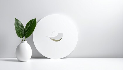 White Minimalist Still Life with Cutout Circle and Plant