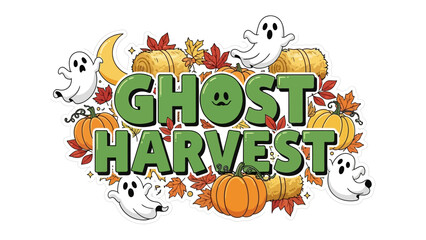 Ghost Harvest: Embrace the spirit of Halloween with a vibrant harvest scene, where friendly ghost silhouettes dance among pumpkins, hay bales, and autumnal foliage.