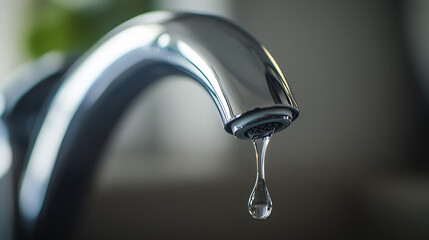 Close-up of a shiny, chrome faucet with a single water droplet suspended, showcasing water conservation and elegant design.