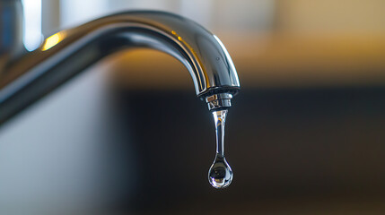 Faucet drips slowly, a single drop of water clinging to the end. Shiny metal reflects light in a blur, the background muted brown and cream.