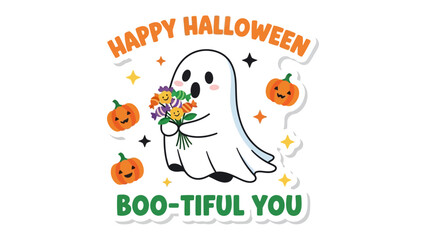 Happy Halloween: A charming cartoon ghost, holding a bouquet of flowers, extends warm wishes amidst festive pumpkins and twinkling stars. Celebrating the essence of Halloween.