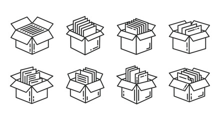 Set of eight hand-drawn cardboard boxes filled with paper documents in isometric perspective vector